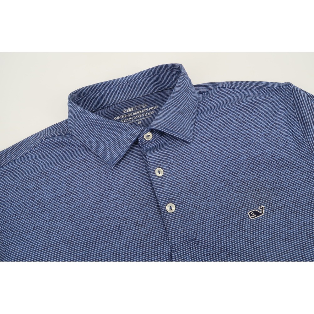 Vineyard Vines Polo Shirt Mens Medium Blue Sankaty On-The-Go Striped Whale